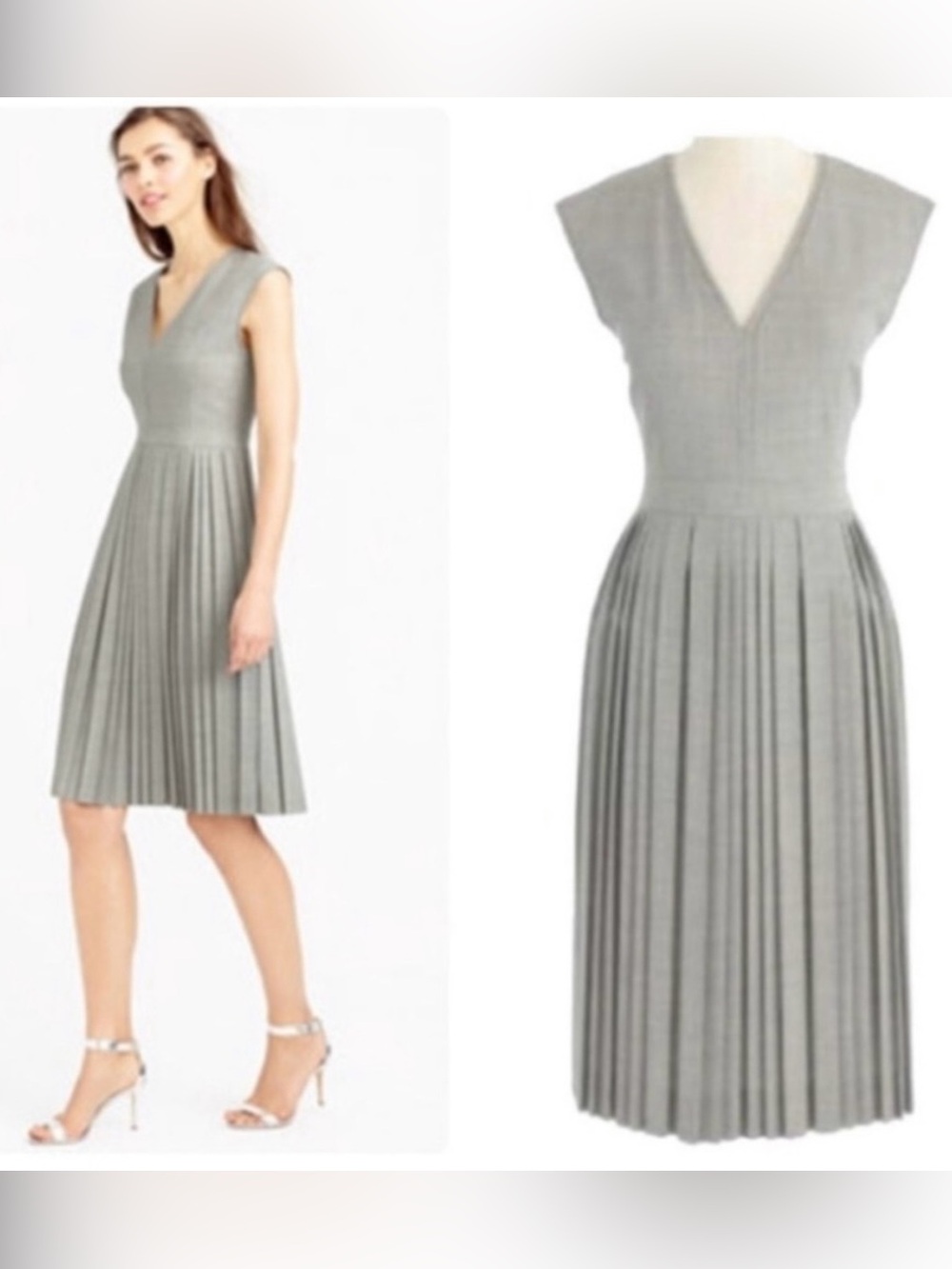 J. Crew Women’s Pleated V-Neck Dress in Italian Stretch Wool C4455 Gray